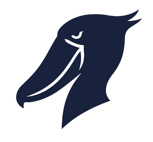 Shoebill-Markenlogo, stilisierter Schuhschnabel als Silhouette